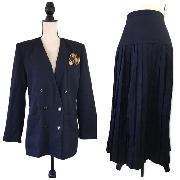 Vintage 90s Kasper Navy Blue Skirt Suit Pleated Double Breasted Collarless 14 - Picture 5 of 8